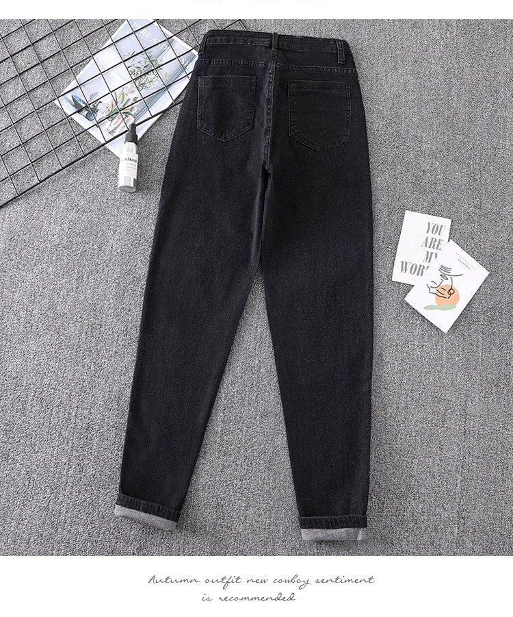 Spring Patches Cuffs Jeans Woman High Waist Harem Pants Femme Stretch Casual Trousers Mujer Plus Size Elastic Denim Black 5XL