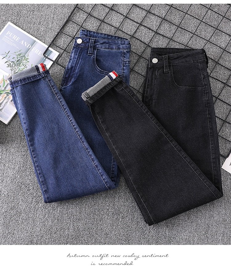 Spring Patches Cuffs Jeans Woman High Waist Harem Pants Femme Stretch Casual Trousers Mujer Plus Size Elastic Denim Black 5XL